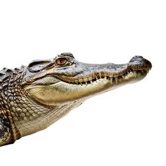Fototapeta premium Close-up of a crocodile's head, showcasing its sharp teeth and textured skin, white isolated background.