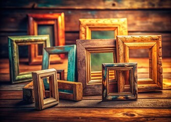 Fototapeta premium Miniature Vintage Wooden Frames, Tilt-Shift Photography, Rustic Craftsmanship, Tabletop Display