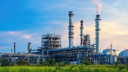 Obraz premium Industrial Power Plant with Smokestacks Against Blue Sky