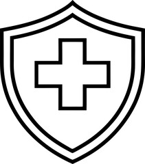 Black Outline Shield with Cross for Medical Health Protection and Healthcare Security, Icon Design Isolated on White