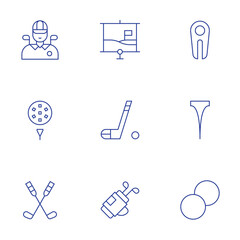 Golf icons set. Thin Line style, editable stroke. player, golf, golf ball, golf stick, golf bag, divot, tee