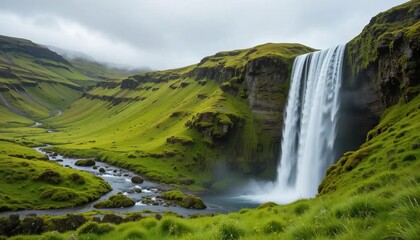 Obraz premium Icelandic Waterfall Green Meadow