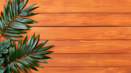 Tropical Leaves on Wooden Background Design