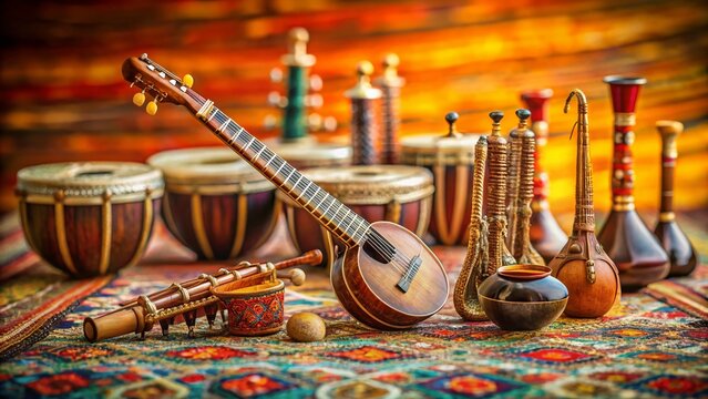Miniature World of Indian Classical Instruments:  Tabla, Sitar, Flute, Veena, Mridangam