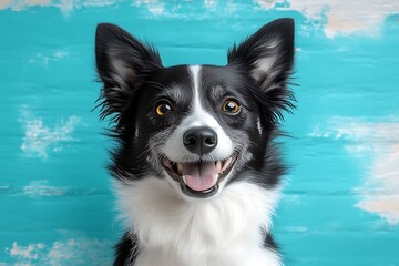 Happy Border Collie Portrait for Teal Background.