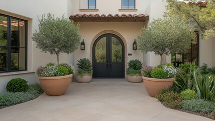 Naklejka premium Mediterranean Home Entrance with Terracotta Pots and Olive Trees