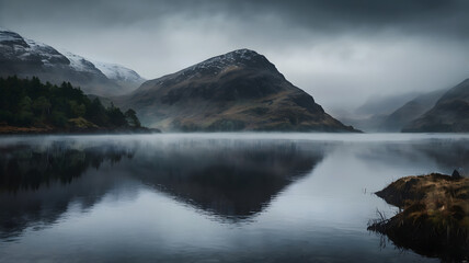 A mystical Scottish loch shrouded in mist, ultra HD, cinematic and moody