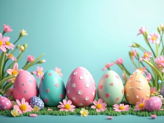 Colorful, decorated eggs in a grassy field with flowers