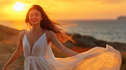 A young woman spinning in a flowing dress, her smile radiating pure happiness as music fills the air 