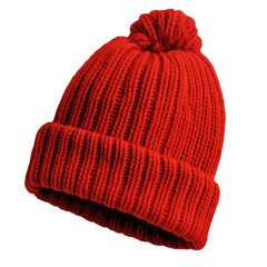 red knitted beanie hat isolated on white transparent background, png.