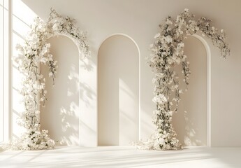Elegant white floral arches decorate a minimalist interior space