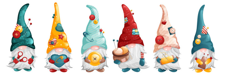 Set fun cute dwarf tailor gnomes with tools, accessories and elements for sewing, knitting and tailoring. Vector illustration 