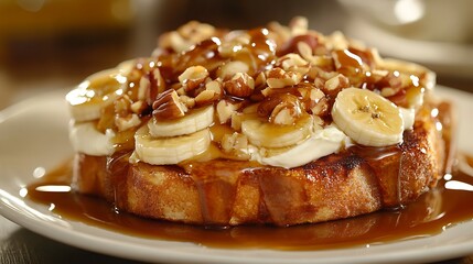 French toast with banana slices, nuts, cream cheese sauce and caramel syrup