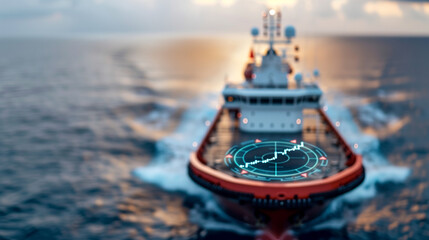 Fototapeta premium An aerial view of Ro-Ro ship with digital route and cargo capacity display, blurred sea behind top view showcase navigation and logistics sci-fi tone Analogous Color Scheme