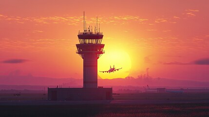 Airport Air Traffic Control: Air traffic control tower at an airport with an airplane landing or taking off at sunset.