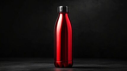 A bold red metallic reusable water bottle, perfectly centered on a jet-black background 