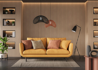 Modern, minimalist living room with vertical wood paneling, sleek furniture, and stylish decor, 3d...
