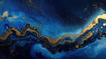 Obraz premium Abstract swirls of blue and gold marbled design. Background Fluid art, potential use Wall art, desktop background, website design