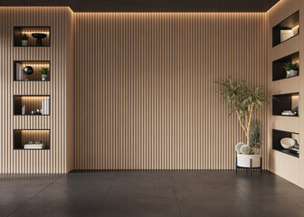 Modern, minimalist living room with vertical wood paneling, sleek furniture, and stylish decor, 3d...