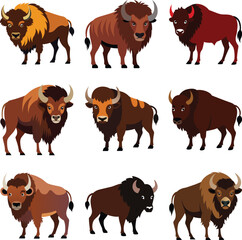 Colourful Vector 9 icon set american bison vector on white background