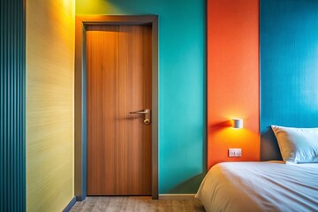Fototapeta premium Minimalist Hotel Room Door, Modern Entrance, Simple Interior Design, Clean Lines, Guest Room Access