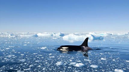 Fototapeta premium Orca Swimming Through Ice-Covered Arctic Ocean
