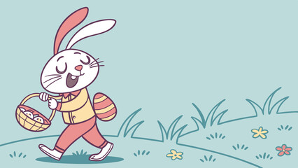 Obraz premium Cartoon bunny walking with basket and egg on pastel background with grass and flowers. Perfect for Spring Invitations, Holiday Branding, and Creative Event Projects