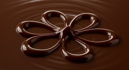 A close-up view of melted dark chocolate forming a stylized flower shape.