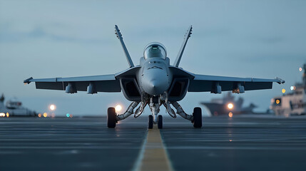 Frontal View Of Grey Military Jet Aircraft On Carrier Deck At Dusk With Blue Sky And Vehicle