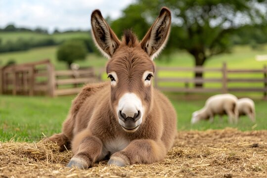 Donkey foal resting on straw in a farm