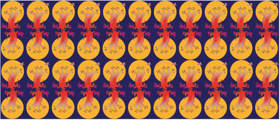 pattern block printing on fabric tree nad sun 