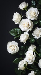 White roses on black stone background. Top view