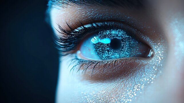 Biometric Eye Scan Futuristic biometric scanner focusing on a person eye, with HUD elements and data streams. - Powered by Adobe