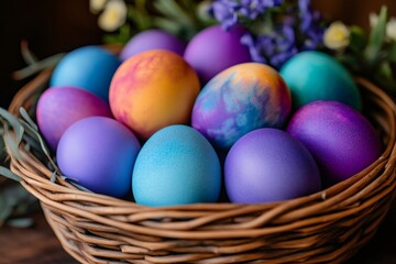 Naklejka premium Colorful easter eggs resting in a wicker basket with spring flowers