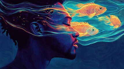 Vibrant illustration of a man's profile with colorful fish swimming in the air