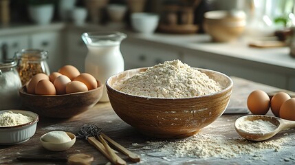 A detailed baking station setup featuring ingredients, mixing bowl, and utensils artistically arranged for creative culinary inspiration