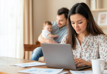 A cinematic scene of a determined woman balancing work and family, work from home concept.