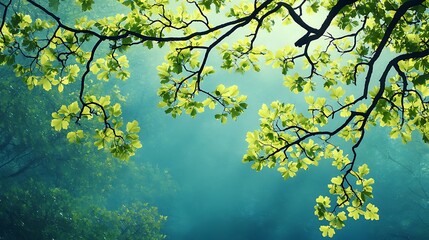 Springtime Tree Branches in a Misty Forest - Nature Photography AI Generated