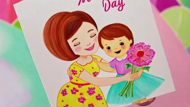Cute and playful Mother&rsquo;s Day card with cartoon-style illustrations of a mother and child, vibrant and cheerful palette
