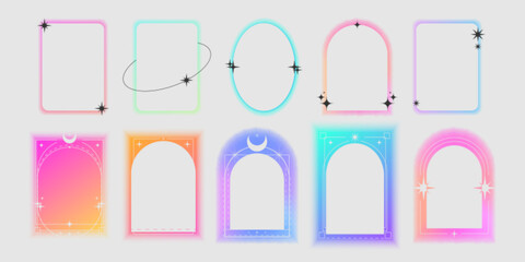 Y2k gradient frame set - rectangular backgrounds, arched window shapes in pastel colors. Pink, purple, blue hues with glowing auras and sparkles. Trendy retro borders. Aesthetic abstract elements.