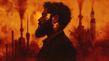 Surreal portrait of a glowing man set against a fiery industrial landscape depicting transformation and change