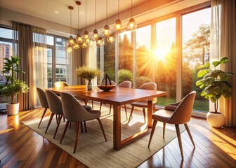 Modern Dining Room Interior Design: Candid Shot of Sunlight Streaming Through Window