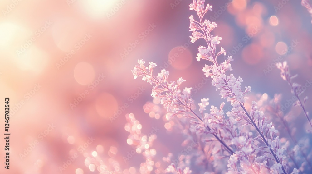 Poster Soft gradient background showcasing delicate flowers in pastel hues with bokeh effect during golden hour