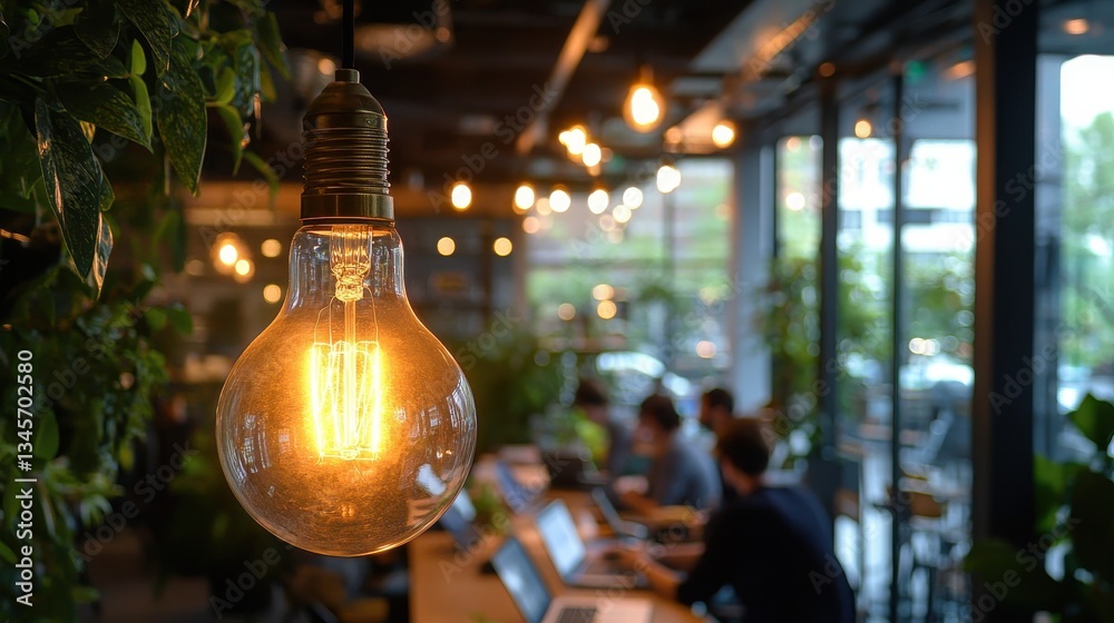 Aufkleber soft glowing vintage light bulb creating a warm atmosphere in a modern workspace filled with greener