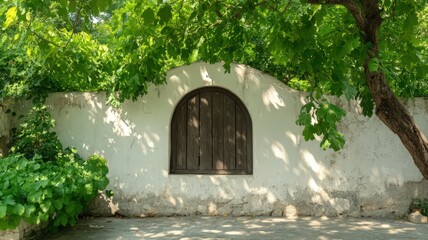 Sun-Dappled Whitewashed Wall with Arched Wooden Door and Lush Greenery