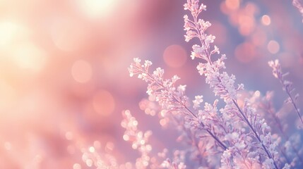 Naklejka premium Soft gradient background showcasing delicate flowers in pastel hues with bokeh effect during golden hour