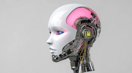 Advanced robotic head, glowing pink brain, futuristic design
