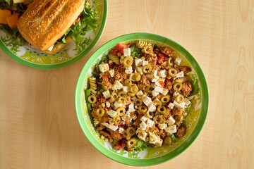 Mediterranean pasta salad with feta cheese and olives