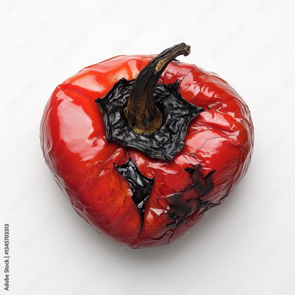 Poster glossy roasted red pepper on a white background showcasing its vibrant color and charred texture for