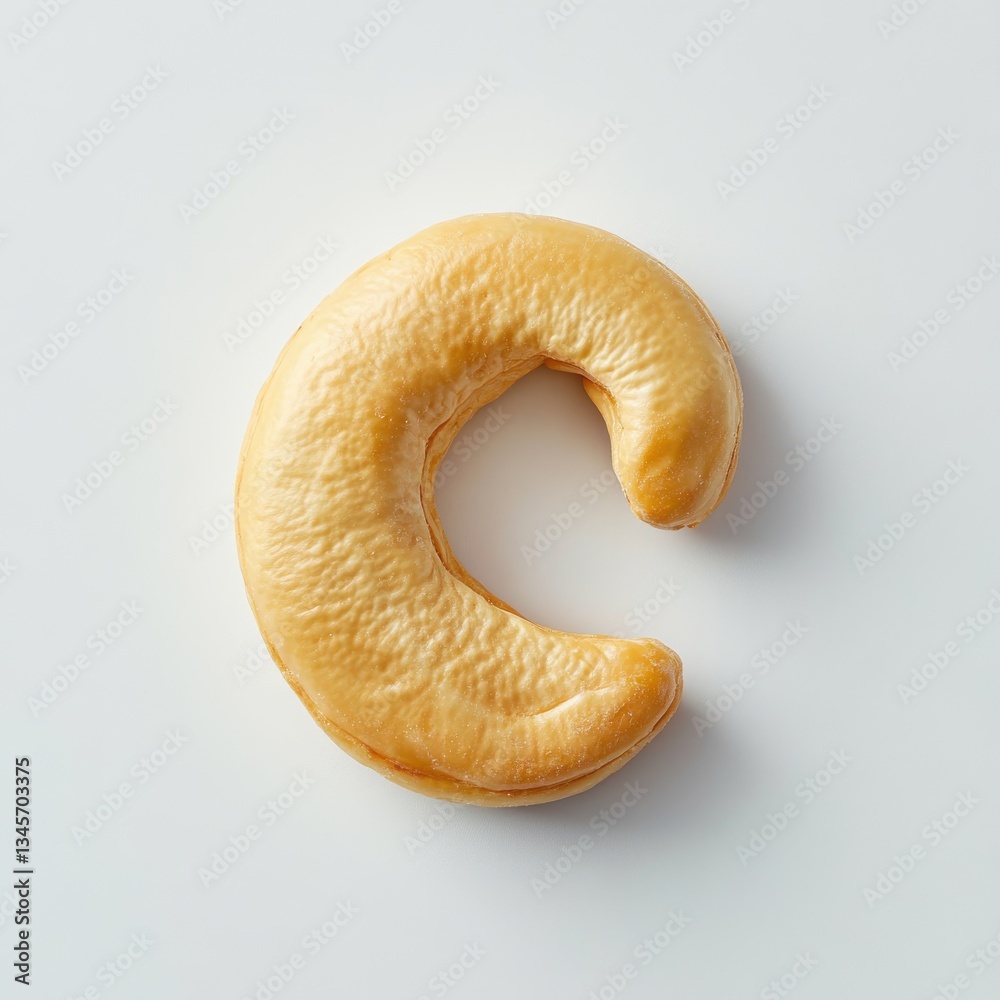 Poster roasted cashew nut resting on a light background showcasing its unique shape and texture